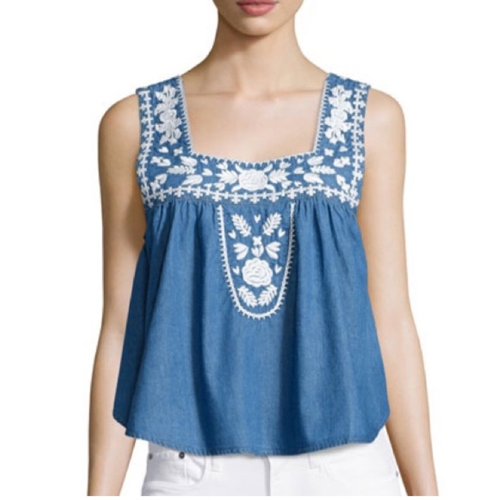 Lovers + Friends Denim Blue Embroidered Blouse